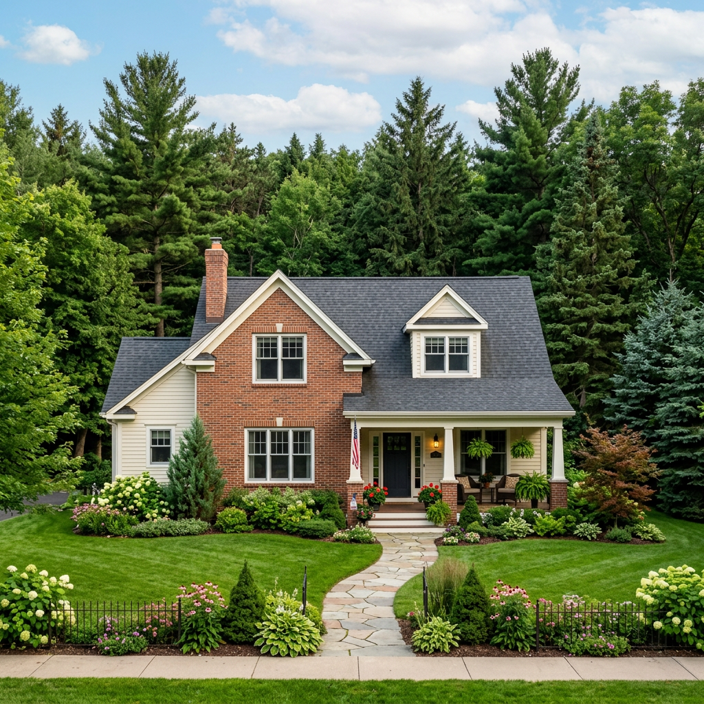 do not change the home or front yard, only remove the mountains and replace with evergreen trees to look like a home in minnesota